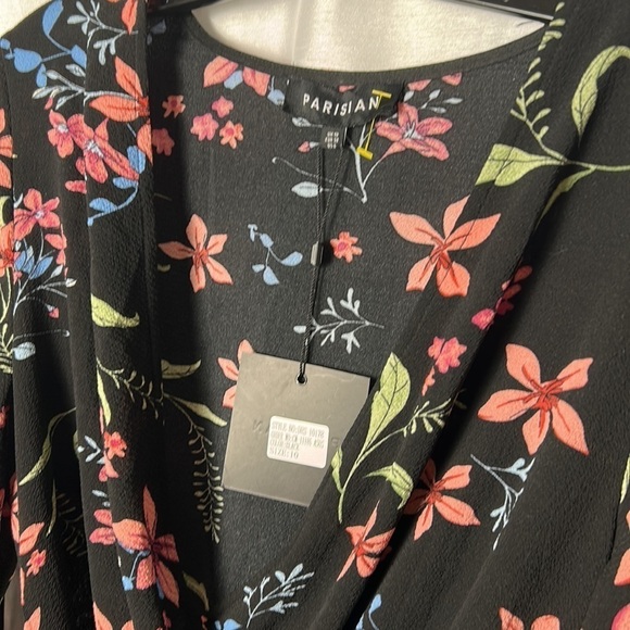 Parisian romper size 6 .black,floral multicolor long sleeve,  faux wrap,surplice - Picture 10 of 15
